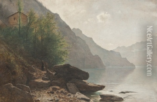Vue Du Lac Des Quatre Cantons, Prise Des Rives De Brenner (suisse) Oil Painting - Gustave Castan