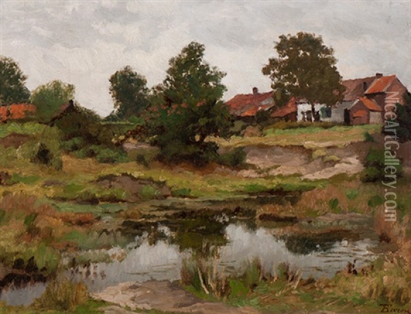 View Of A Pond With Houses In The Background Oil Painting - Theodore Baron