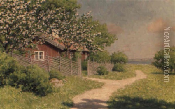 Frukttrad I Blom Oil Painting - Johan Fredrik Krouthen