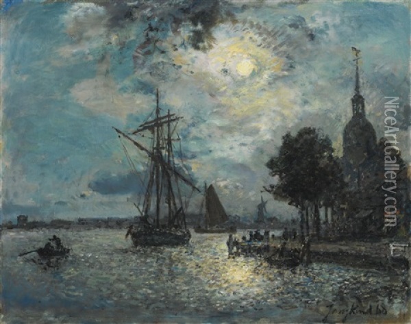 Le Port De Dordrecht Au Clair De Lune Oil Painting - Johan Barthold Jongkind