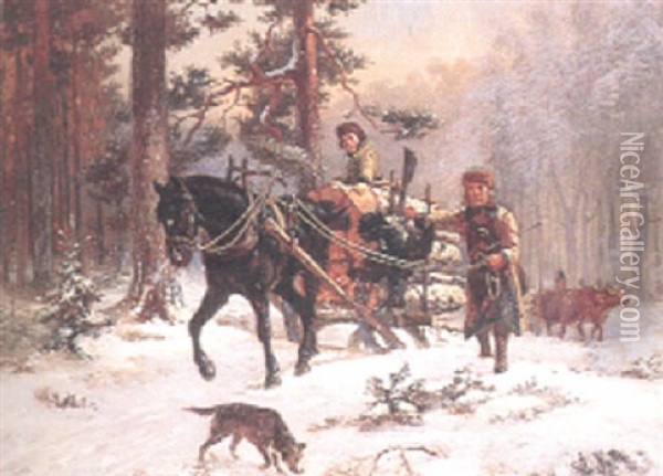Timmerlass I Vinterskog Oil Painting - Bengt-Johan-Gustaf Brandelius