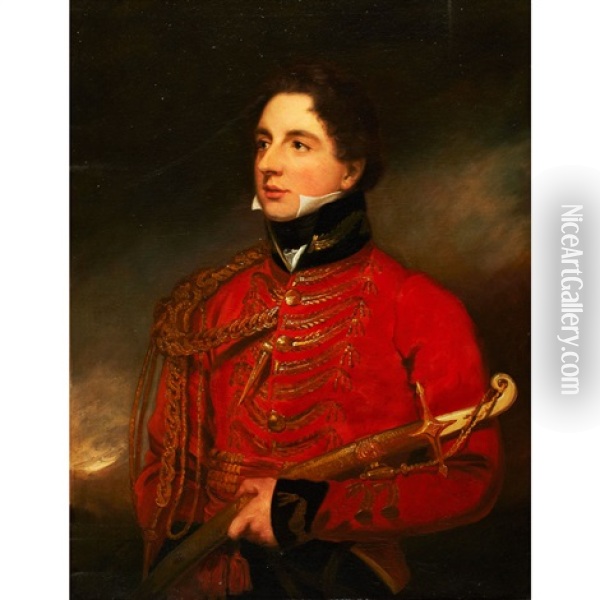 Colonel Robert Smith Webb (1794 Witley, Surrey-1862 Hambledon, Surrey) Depicted Holding A Marmaluke Hilted Officer's Sword Oil Painting - Thomas Lawrence