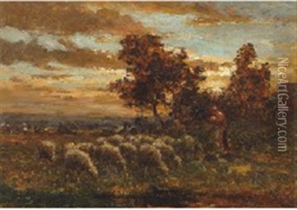 Berger Avec Son Troupeau Oil Painting - Jean Ferdinand Chaigneau