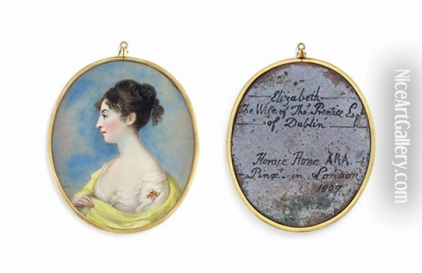 Elizabeth Prentice, In Profile, In Decollete White Dress And Yellow Stole, Pearl-set Gold Brooch On Her Left Sleeve, Upswept Dark Brown Curling Hair Oil Painting - Horace Hone