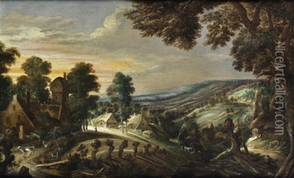 An Extensive Hilly Landscape With Farmsteads Oil Painting - Kerstiaen de Keuninck