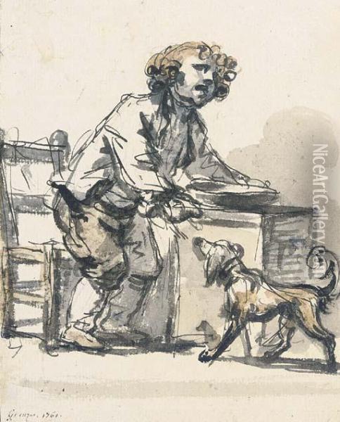 L'enfant Gate: A Boy Standing At A Table Feeding A Dog With Aspoon Oil Painting - Jean Baptiste Greuze