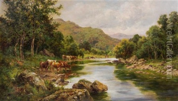 Mountain Stream With Cattle And Two Figures Fishing Oil Painting - Henry H. Parker