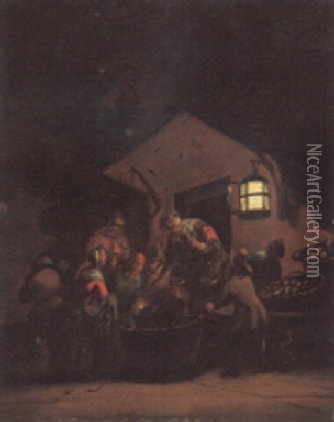 Peasants Gathered Around A Basket By Moonlight Oil Painting - Adriaen Lievensz van der Poel