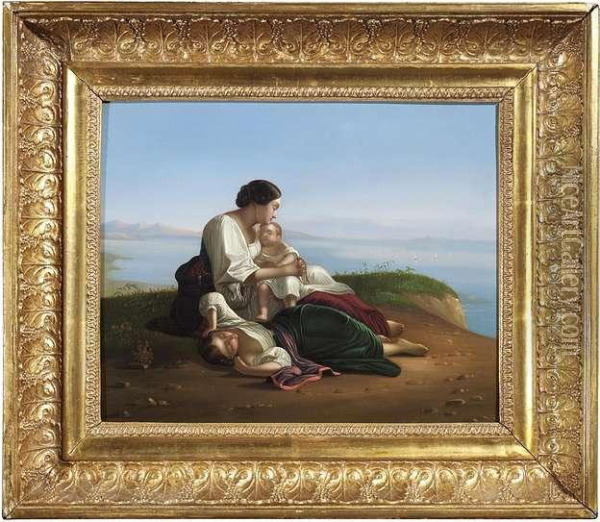 Italian Woman With Her Two Children At Seashore Oil Painting - August Riedel