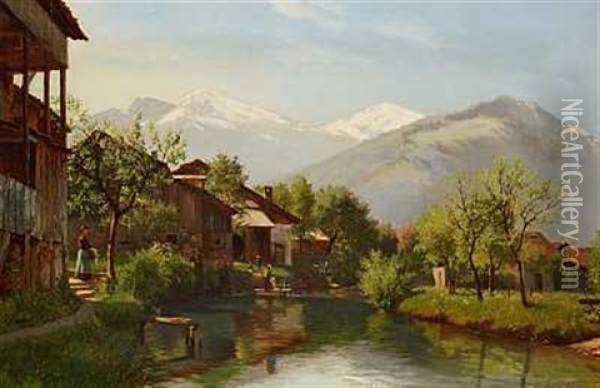 Bjergparti Fra Norditalien. I Forgrunden En Lille By Ved Flodbredden Oil Painting - August Fischer