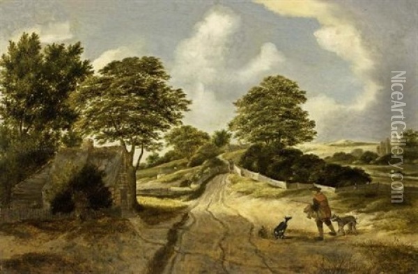 A Dune Landscape With A Sportsman And His Dogs On A Path Near A Cottage Oil Painting - Nicolaes Hals