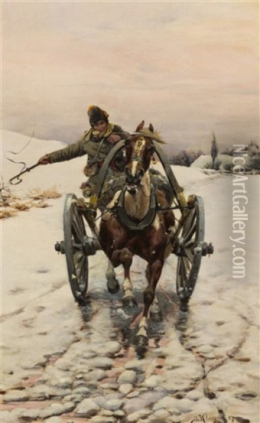 An Icy Road Oil Painting - Bohdan von Kleczynski