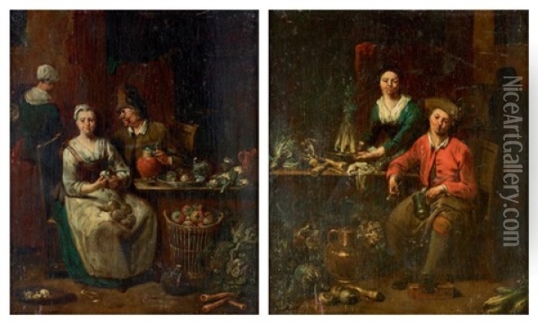 Deux Scenes De Cuisine Formant Pendant (pair) Oil Painting - Jan Baptist Lambrechts