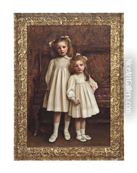 Portrait Of Irene And Helen, Full-length, In White Dresses Oil Painting - Ralph Peacock