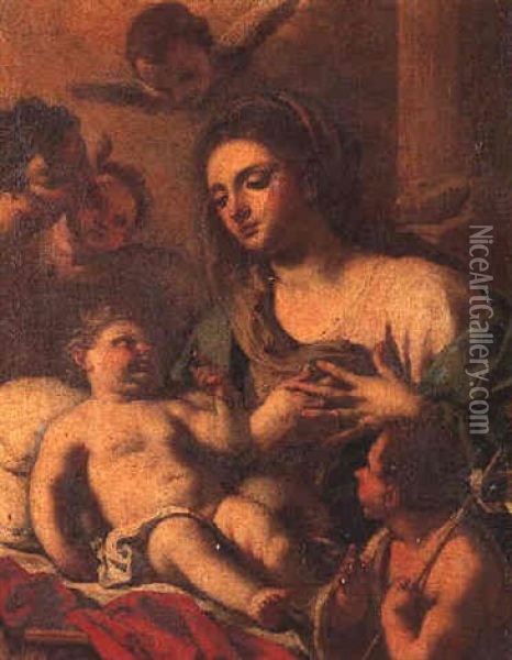 The Madonna And Child With The Infant St. John The Baptist And Three Seraphims Oil Painting - Jacopo Cestaro