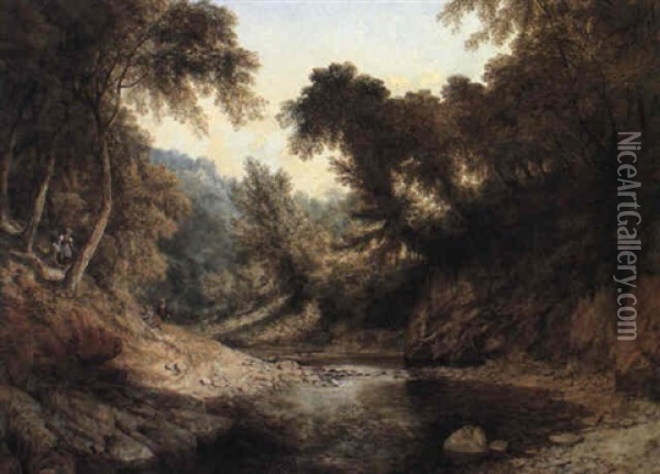 Gathering Flowers In A Wooded Valley Oil Painting - William West