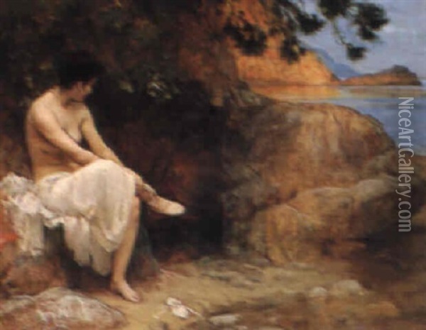 Preparing For A Bath Oil Painting - Frederick Arthur Bridgman