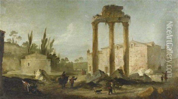 Mediterrane Ruinenlandschaft Mit Dem Tempel Des Castor Und Des Pollux Auf Dem Forum Romanum Oil Painting - Marco Ricci