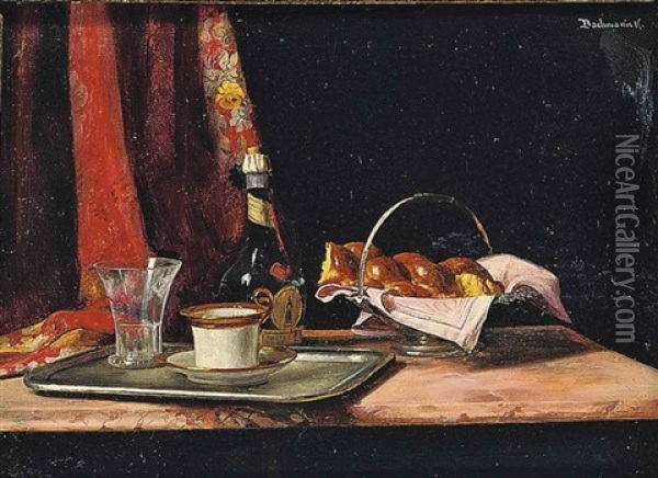 Bread In A Silver Basket, A Wine Bottle And A Glass And Tea Cup On A Silver Tray, On A Table Oil Painting - Karoly (Karl) Bachmann