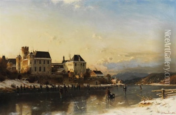 Flusslandschaft Mit Winterfreuden Am Schlos Oil Painting - Johannes Bartholomaeus Duntze