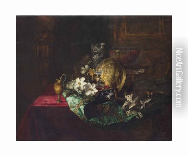 Flowers, A Crystal Goblet, A Gold Charger, An Alabaster Goblet And An Enamelled Plaque On A Green Satin Robe On A Draped Table Oil Painting - Blaise Alexandre Desgoffe