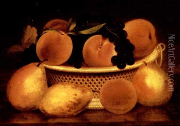 Pears, Peaches And Grapes In A Woven Basket Oil Painting - John F. Francis