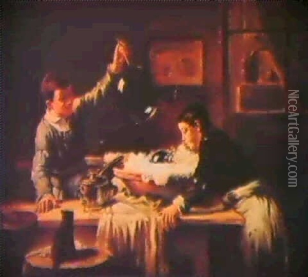 Les Marmitons Aux Bulles De Savon Oil Painting - Joseph Bail