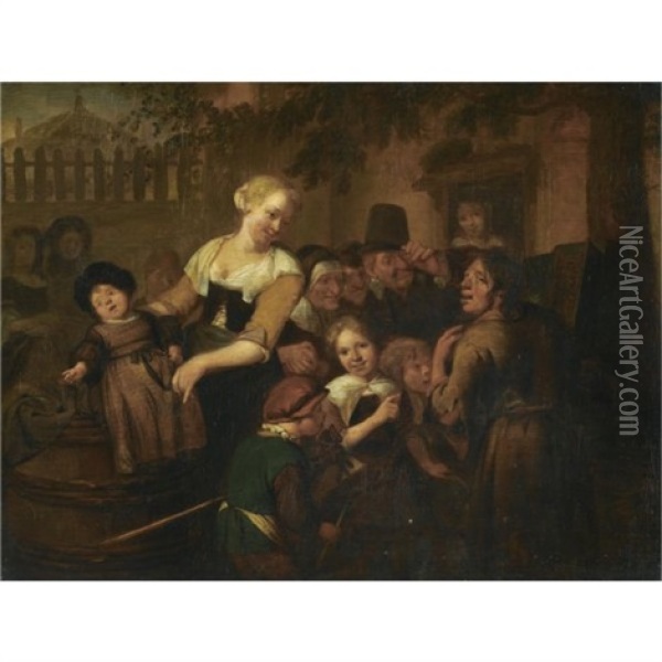 A Village Scene With Children And Villagers Gathered Around A Travelling Entertainer Oil Painting - Richard Brakenburg