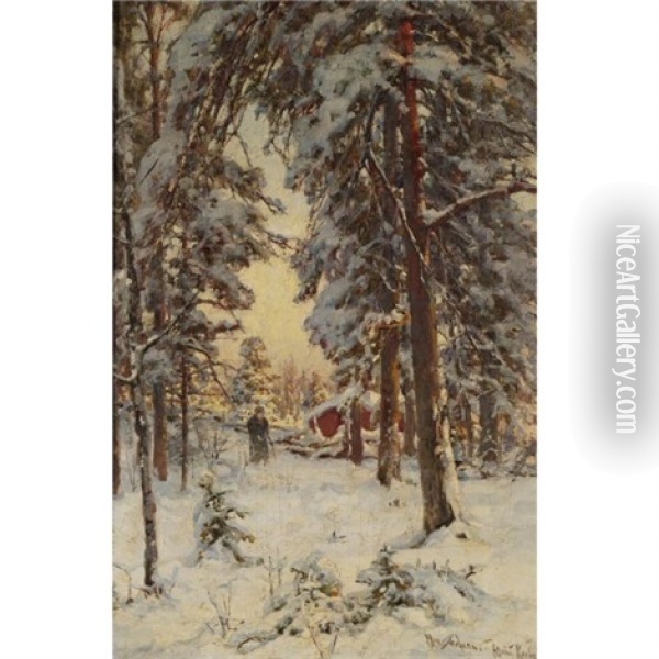 Wood Gatherer In A Wintry Forest Oil Painting - Yuliy Yulevich (Julius) Klever