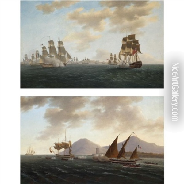 A French Frigate Pursuing A British Merchant Vessel Out Of Harbour (+ An Action Between English And French Vessels; Pair) Oil Painting - Thomas Buttersworth
