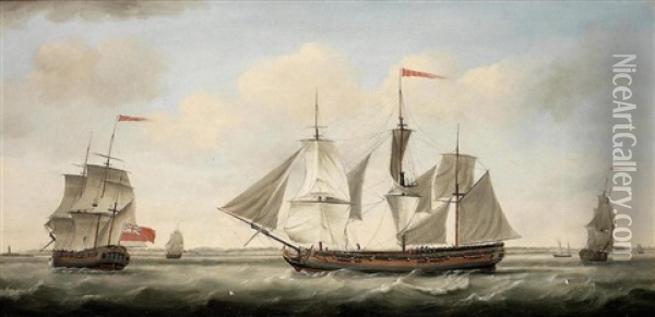 The London Merchantman Adamant In Three Positions Off The Coast, Probably The Thames Estuary Oil Painting - Francis Holman