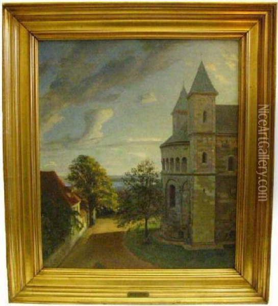 Weg Mit Hauserzeile Und Ruckansicht Einer Kirche, Unten Links Signiert Und Datiert Chr. Bang 1894 Oil Painting - Christian Bang