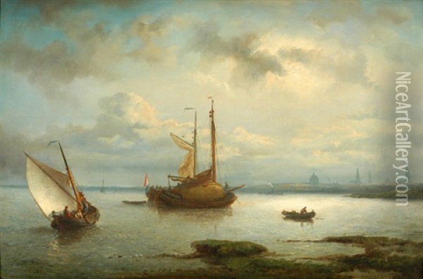 Frachtschiffe Vor Einem Hollandischen Hafen Oil Painting - Nicolaas Riegen