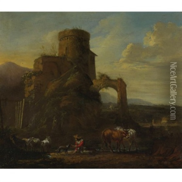 Pastoral Landscape With Ruins Oil Painting - Andries Dirsksz Both