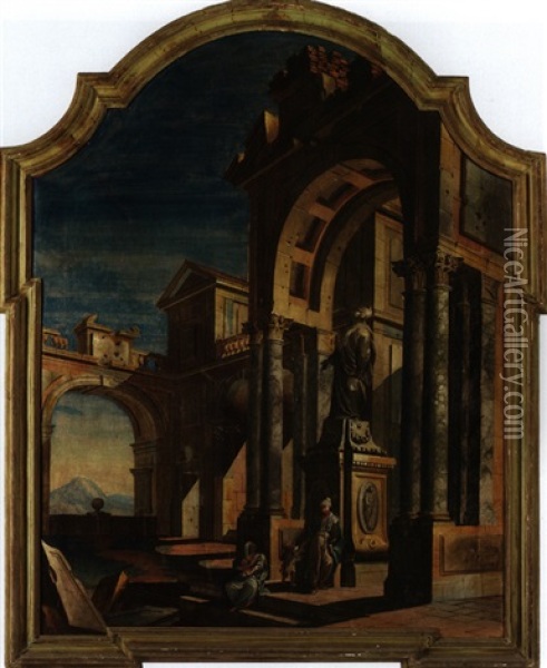 Architektur-capriccio Vor Einer Saulenhalle, Darin Ein Steinerner Condottiere Oil Painting - Pietro Paltronieri