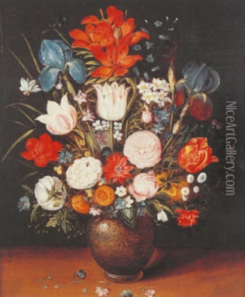 Nature Morte Au Vase De Fleurs Sur Un Entablement Oil Painting - Philippe de Marlier