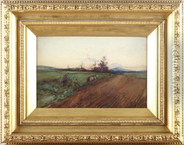 Ploughing At Sunset Oil Painting - Thomas Marjoribanks Hay