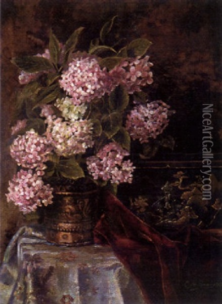 Stilleben Mit Hortensien In Einem Blumentopf Und Einer Japanischen Lackkassette Oil Painting - Carl Massmann