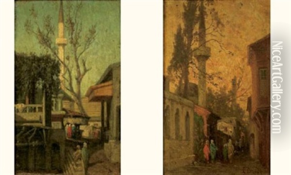 Ruelle Animee De Personnages A Istanbul (+ Another Similar; Pair) Oil Painting - Germain Fabius Brest