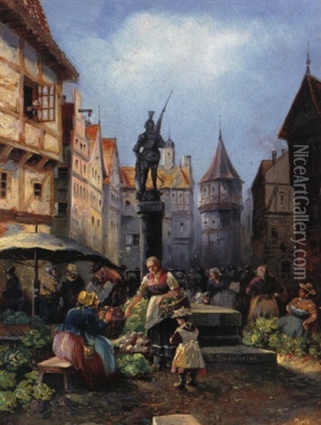 Gemusemarkt Im Alten Stadtchen Oil Painting - Emil Barbarini