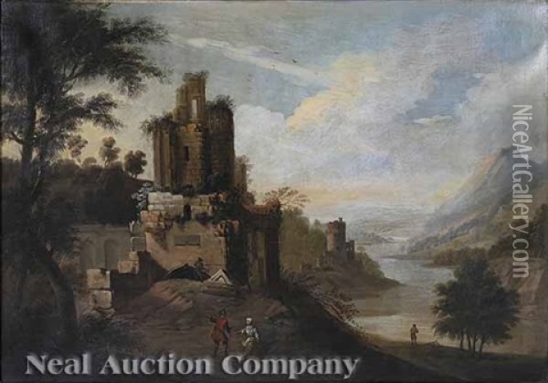 An Extensive River Landscape With Figures Resting Beside A Capriccio Of Ruins Oil Painting - Gaspard Dughet