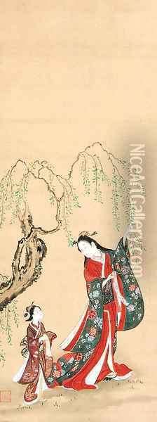 Courtesan hanging a poem slip on a willow branch Oil Painting - Kawamata Tsunetatsu