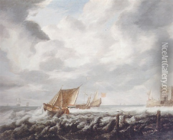 Smalschips Sailing On Choppy Seas In A Strong Breeze Oil Painting - Bonaventura Peeters the Elder