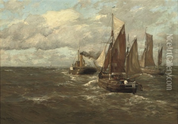 Boats In Open Water Oil Painting - Erwin Carl Wilhelm Guenther