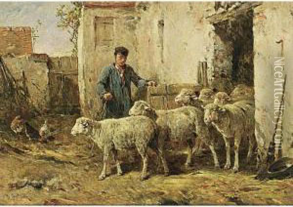A Shepherd With His Flock Oil Painting - Felix Saturnin Brissot de Warville