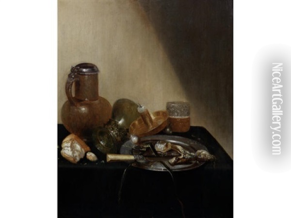 A Still Life Of A Pewter-mounted Stoneware Jug, An Overturned Roemer, A Broken Roll Of Bread, A Candle In A Brass Stand, A Glass Beaker Of Beer, A Pewter Dish With Fish And A Knife With Ivory Handle On A Draped Table-top Oil Painting - Guilliam Gabron