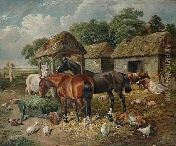 Horses In A Farmyard With Cattle And Other Animals Oil Painting - John Frederick Herring Snr