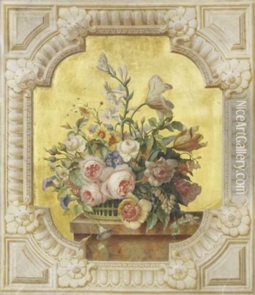 Vase De Fleurs Sur Un Entablement Sur Fond Or Oil Painting - Auguste Dussauce