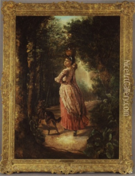 Maiden On A Wooded Path With A Playful Dog Oil Painting - Emile Lassalle