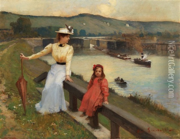 Mother And Daughter On The Riverbank Oil Painting - Jean-Paul Sinibaldi
